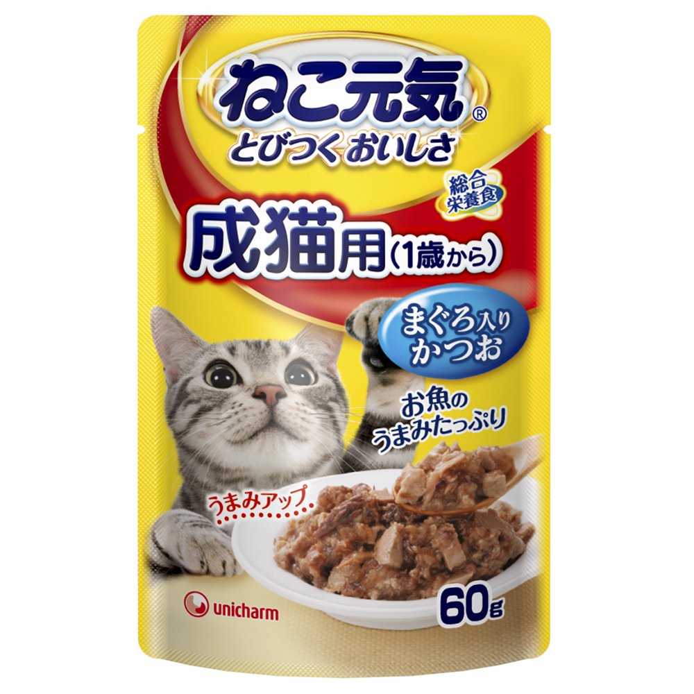ねこ元気 総合栄養食 パウチ 成猫用（１歳から） まぐろ入りかつお ６０ｇ キャットフード