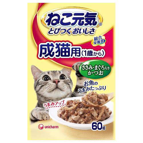 ねこ元気 総合栄養食 パウチ 成猫用（１歳から）ささみ・まぐろ入りかつお ６０ｇ×１２袋 キャットフード