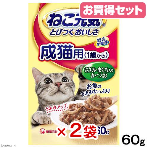 ねこ元気 総合栄養食 パウチ 成猫用（１歳から） ささみ・まぐろ入りかつお ６０ｇ×２袋 キャットフード